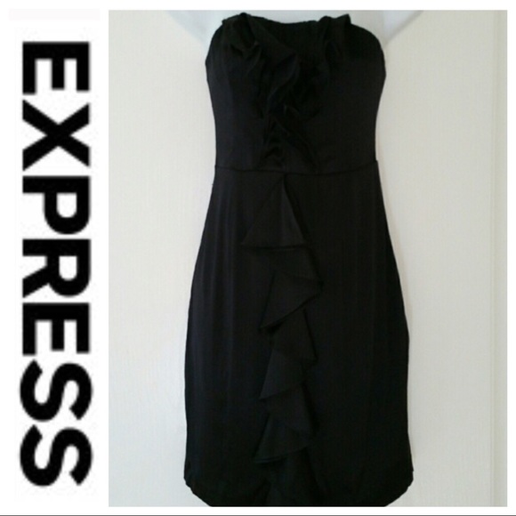 💕SALE💕Express Black Silk Ruffle Strapless Dress - Picture 4 of 7